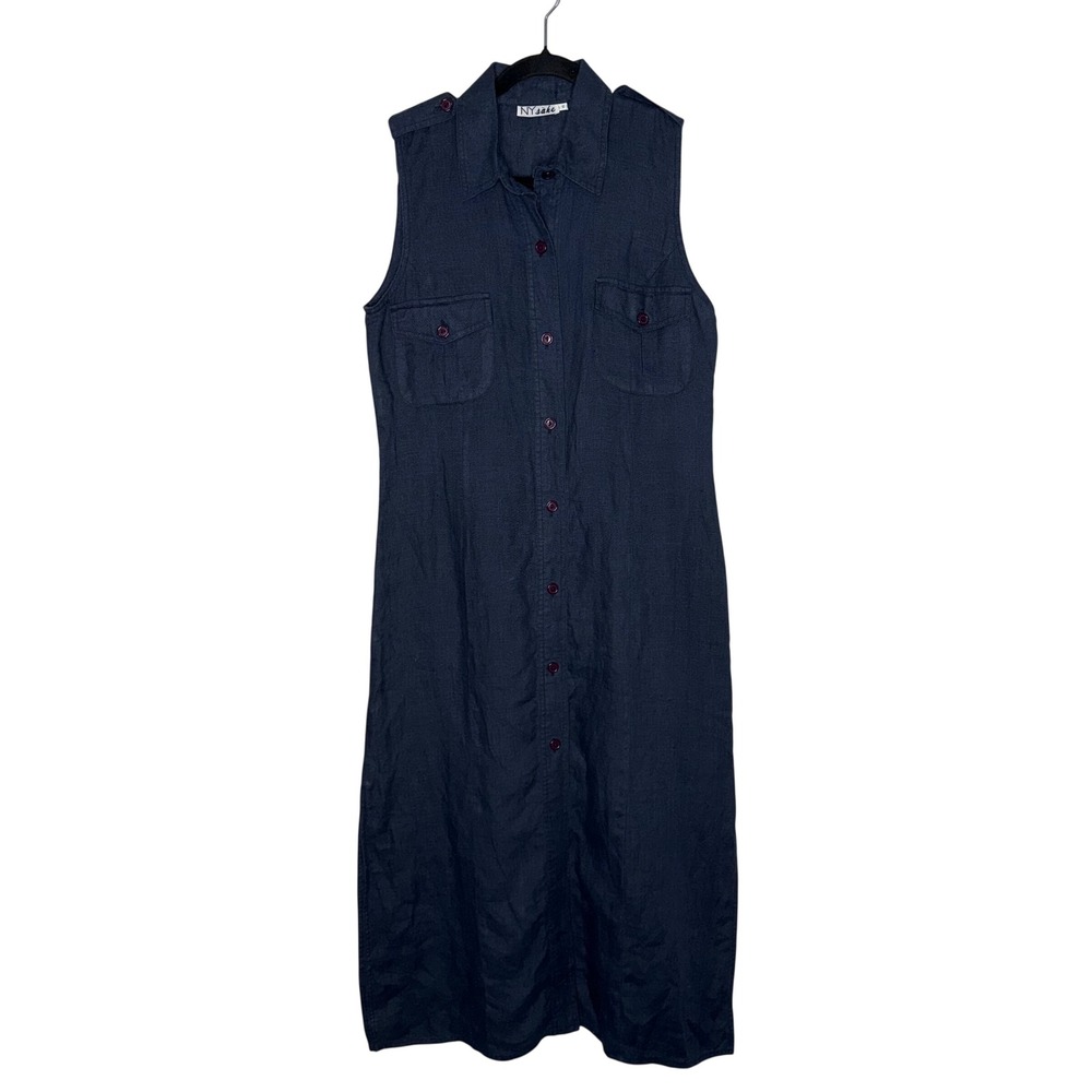 NY Sake Linen Button Front Midi Dress Womens 12 Navy Blue Sleeveless Utility